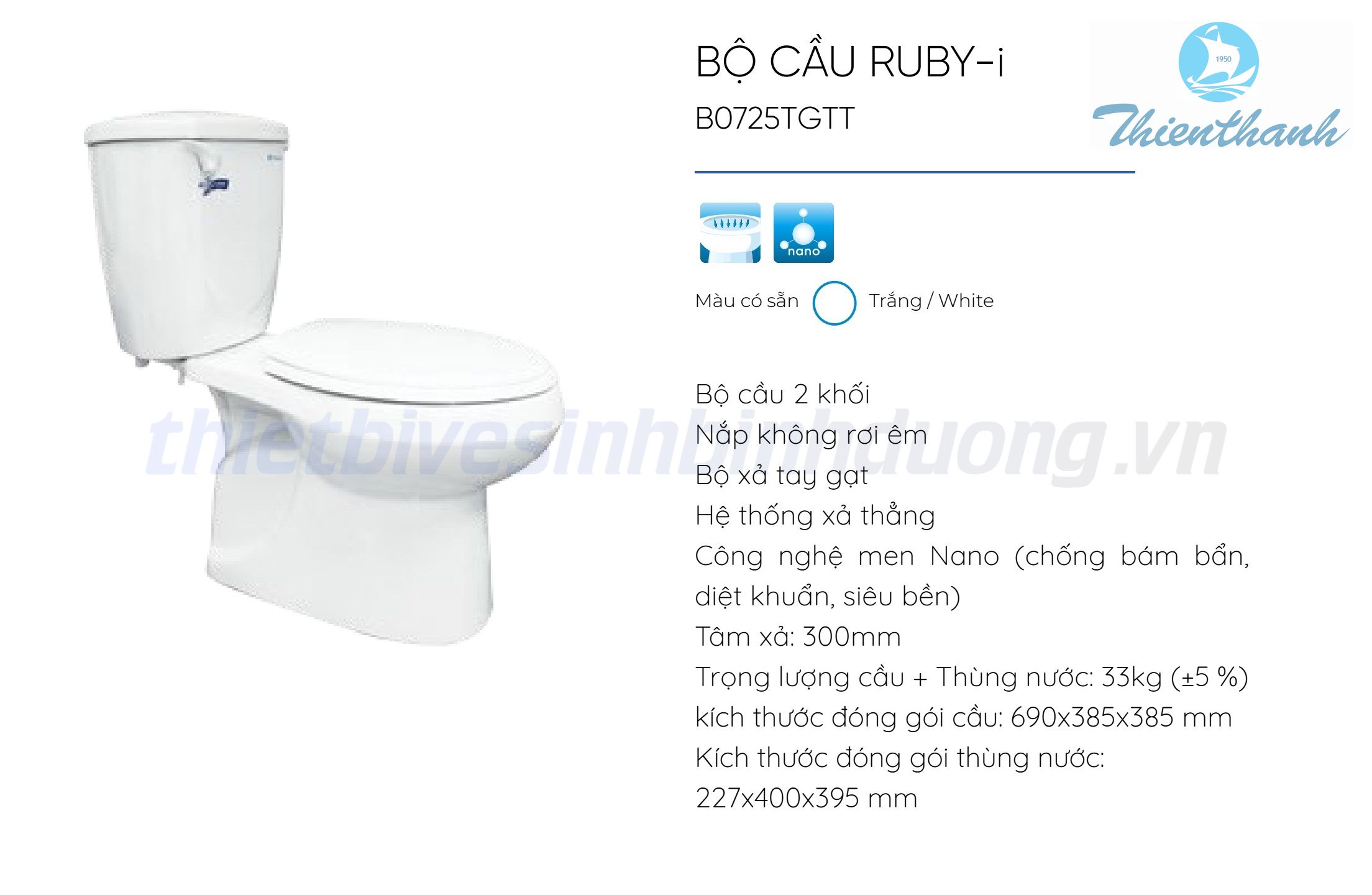 Bồn cầu Thiên Thanh RUBY B0725TGTT